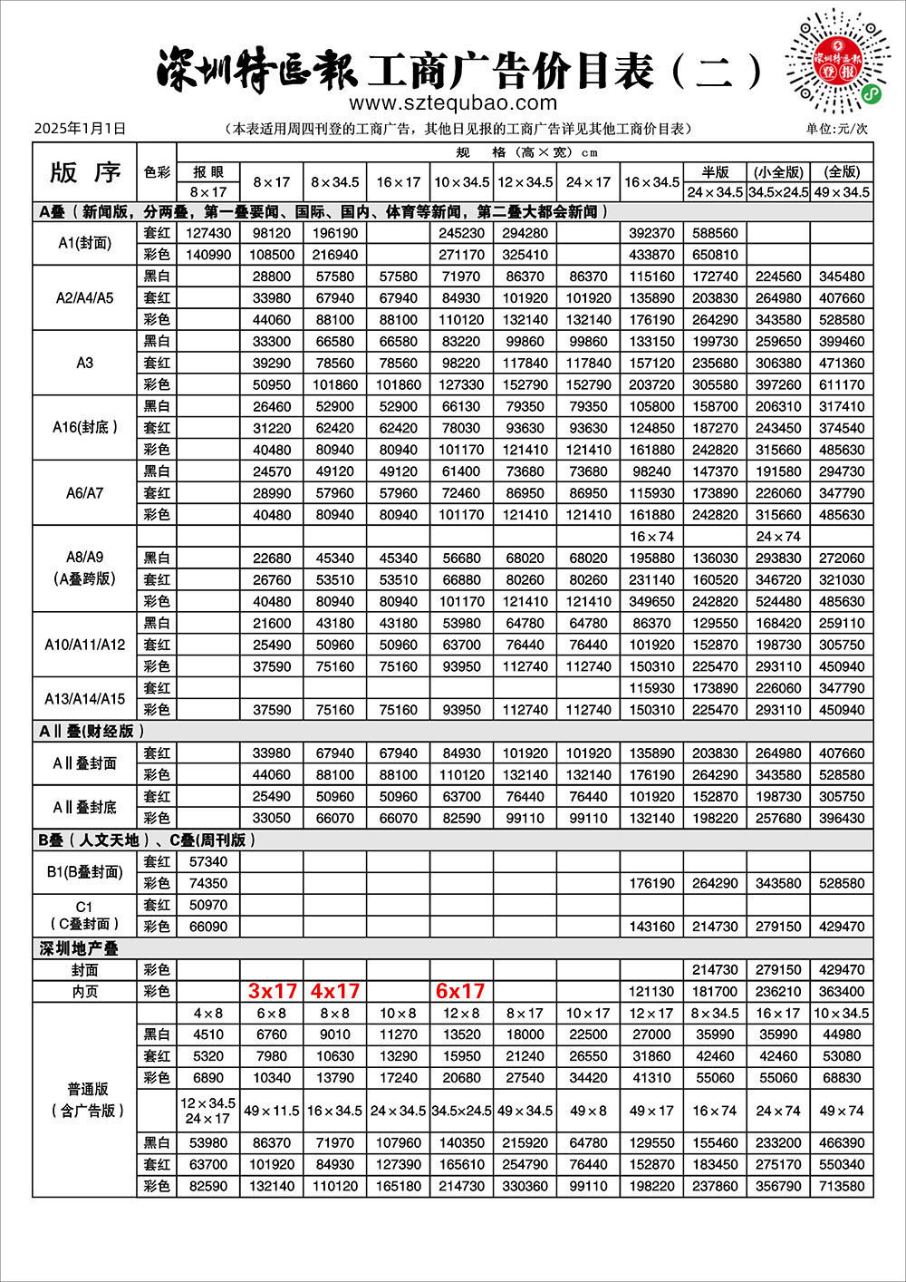 深圳商报周四广告价格表